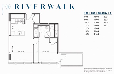 Floor plan for 1 bed, 1 bath, 655 sqft